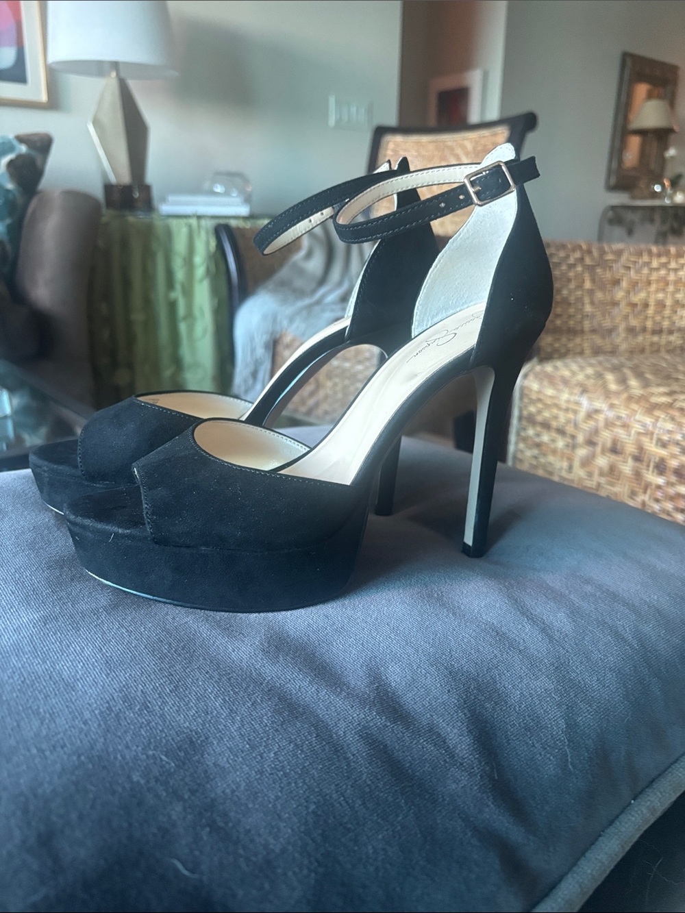 Jessica Simpson Sohilea Black Suede Platform Peep-Toe Ankle Strap Heels - Picture 3 of 5